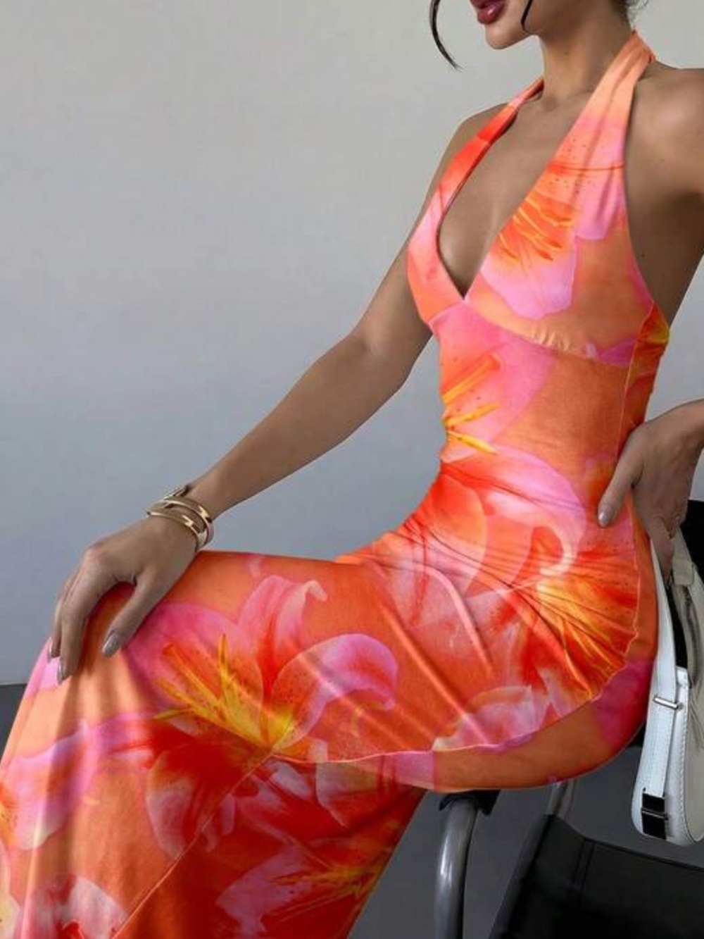 Halter Floral Satin Maxi Dress in Orange-Pink